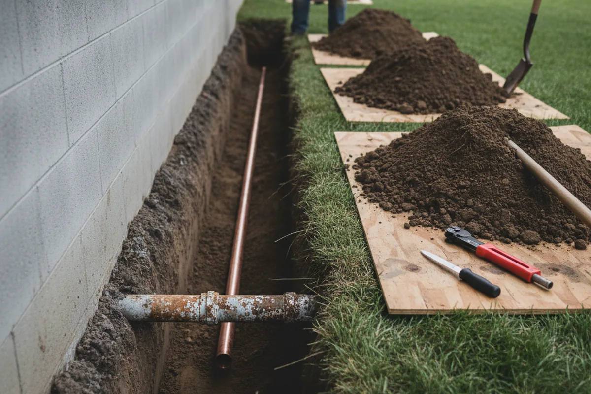 Excavated water line trench during Water Heater Repair in Olivia
